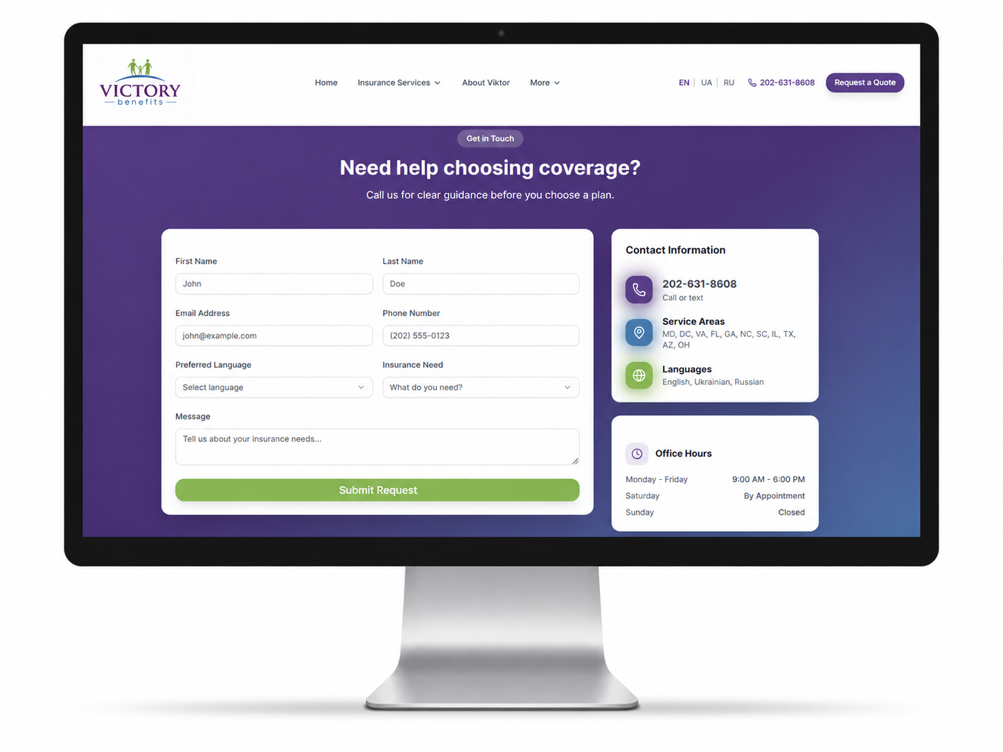 Redesigned contact and quote request form with clear CTAs