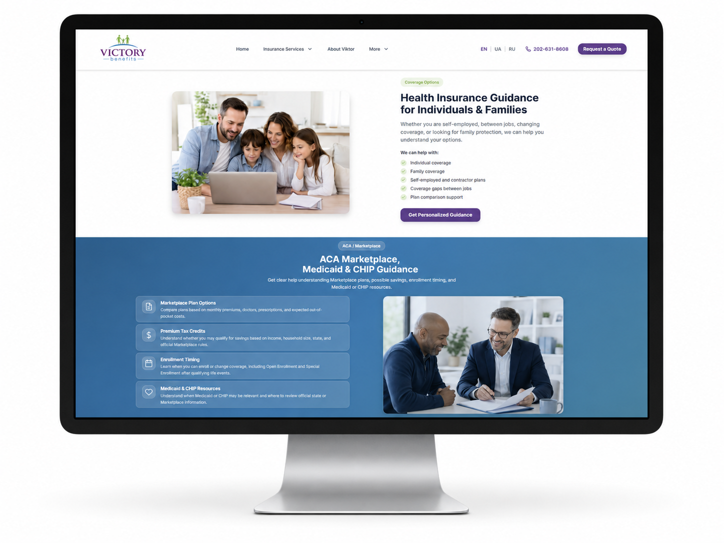 Redesigned website with clear service sections for Health Insurance Guidance and ACA Marketplace information