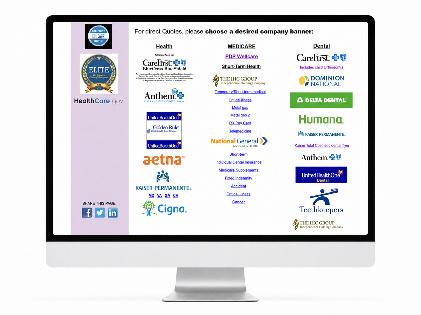 Original carrier page with scattered logos and links across multiple columns without clear organization